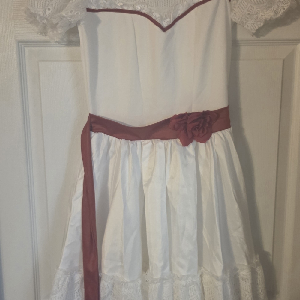 White Girls' Formal Dress with Dusty Rose Sash and Lace